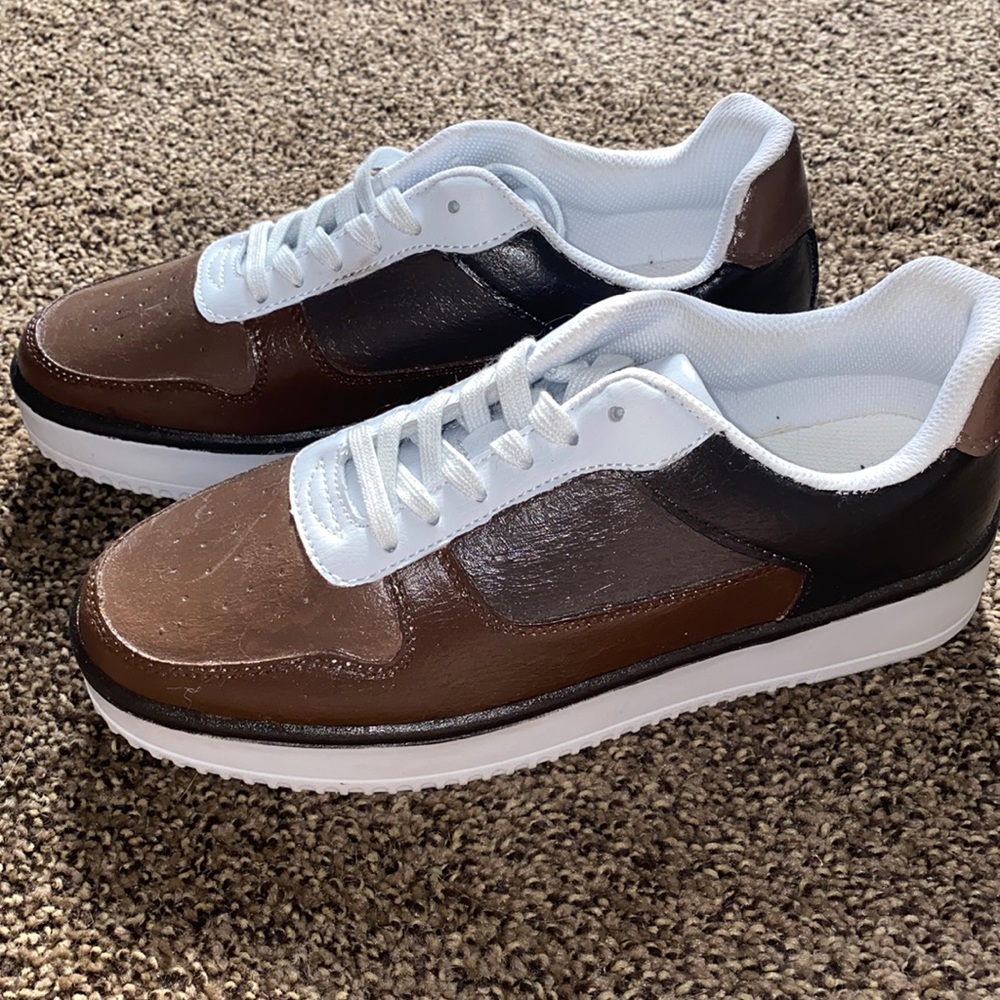 White and brown painted shoes, size 9, memory foam bottom